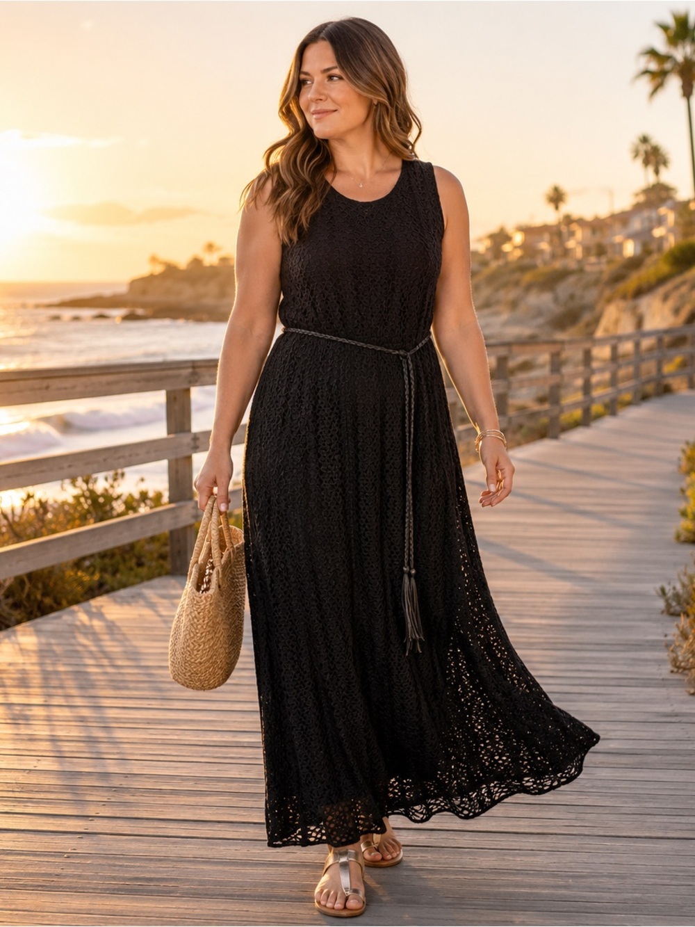 Reserved Black Crochet Lace Maxi Dress Sleeveless Boho Large NWOT